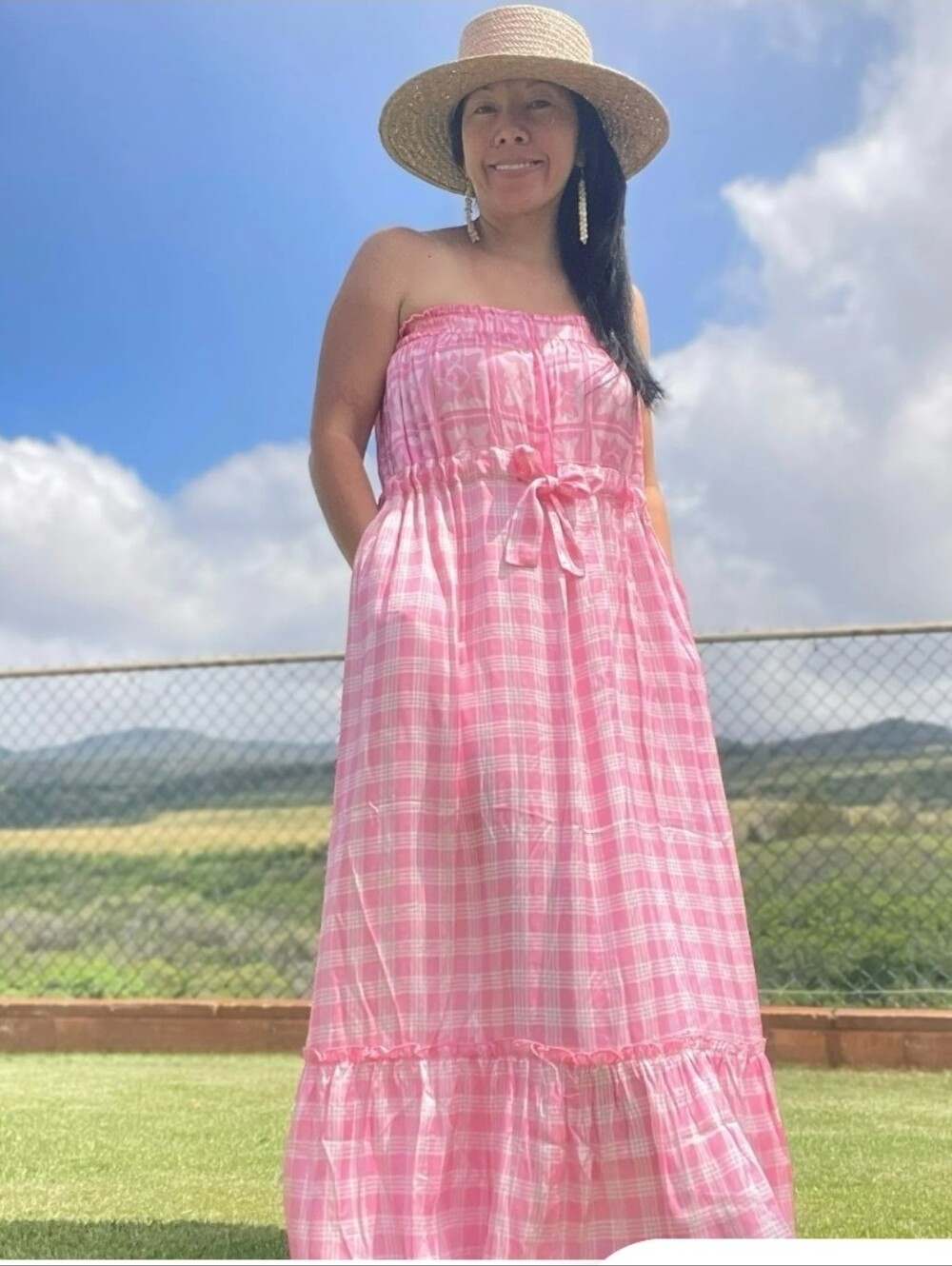 Simply Mele Pink Gingham Strapless Maxi Dress